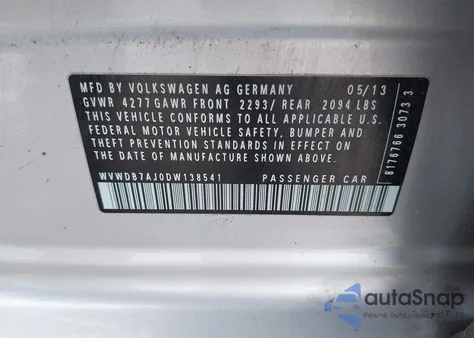 2013 Volkswagen Golf 2.5L 4-Door из США, поврежденный, VIN WVWDB7AJ0DW138541